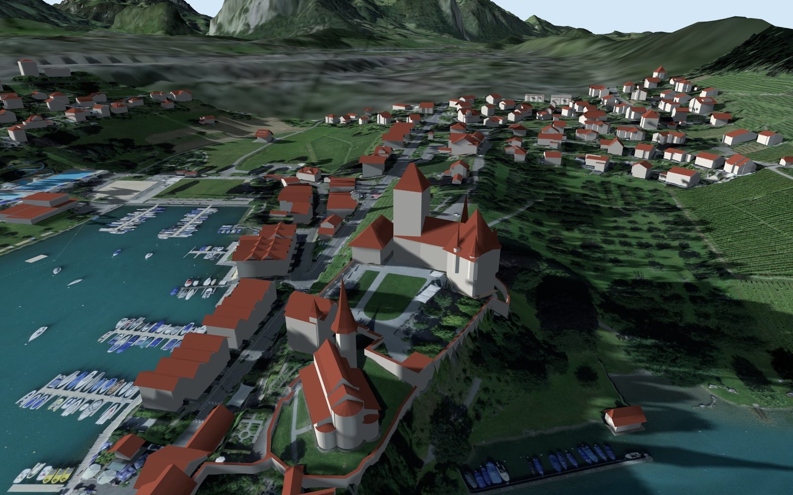 Schloss Spiez im 3D-Modell, Schatten am 21. Dezember um 13 Uhr