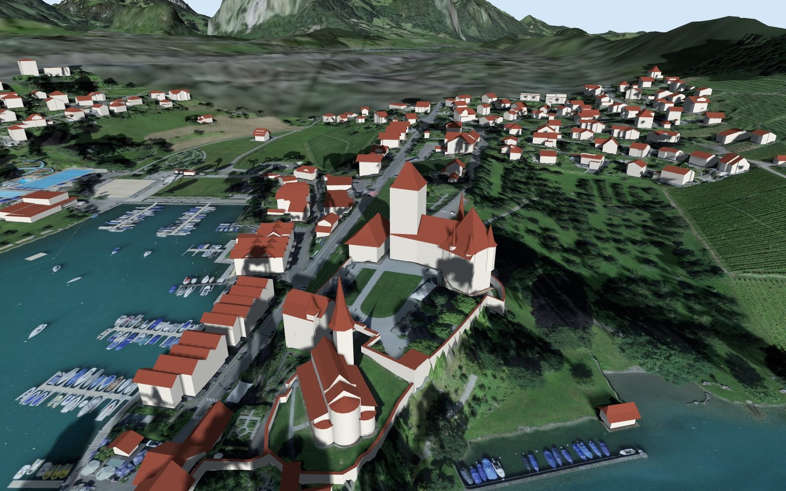 Schloss Spiez im 3D-Modell, Schatten am 21. Juni um 8 Uhr