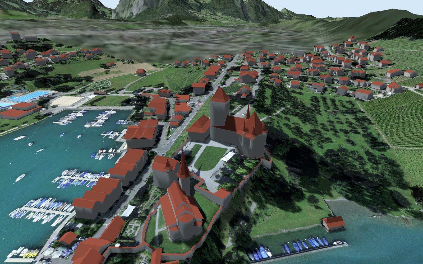 Schloss Spiez im 3D-Modell, Schatten am 21. Juni um 15 Uhr