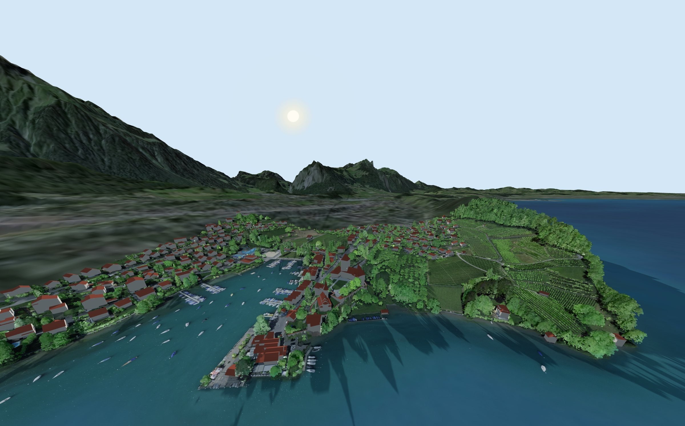 Spiez im 3D-Modell des SunPlot-Berichts: Hafen, Schloss, Reben, Thunersee und Berge in der Abendsonne