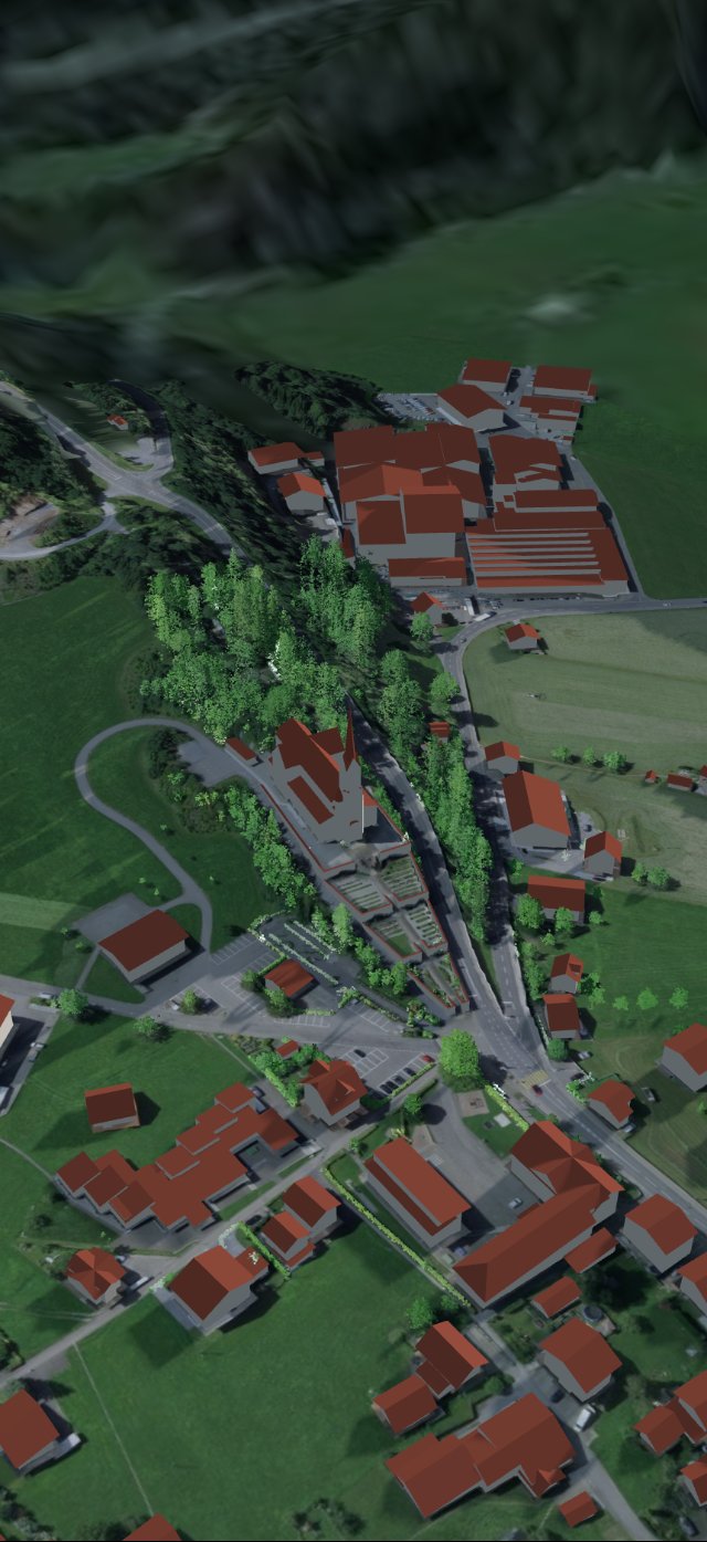 Kirche Lungern in 3D am Abend, tiefe Sonne und Bergverschattung