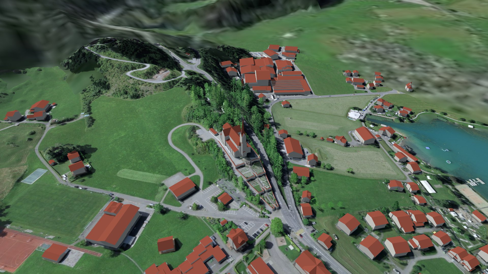 Kirche Lungern in 3D um 12:30 Uhr, Desktop-Ansicht