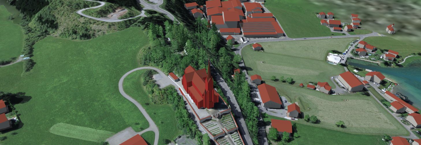 SunPlot-Simulation der Kirche Lungern im Juni: hohe Sonne und kürzere Schatten