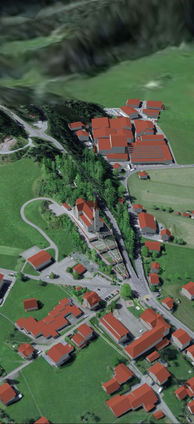 Kirche Lungern in 3D am Mittag, kurzer Turmschatten