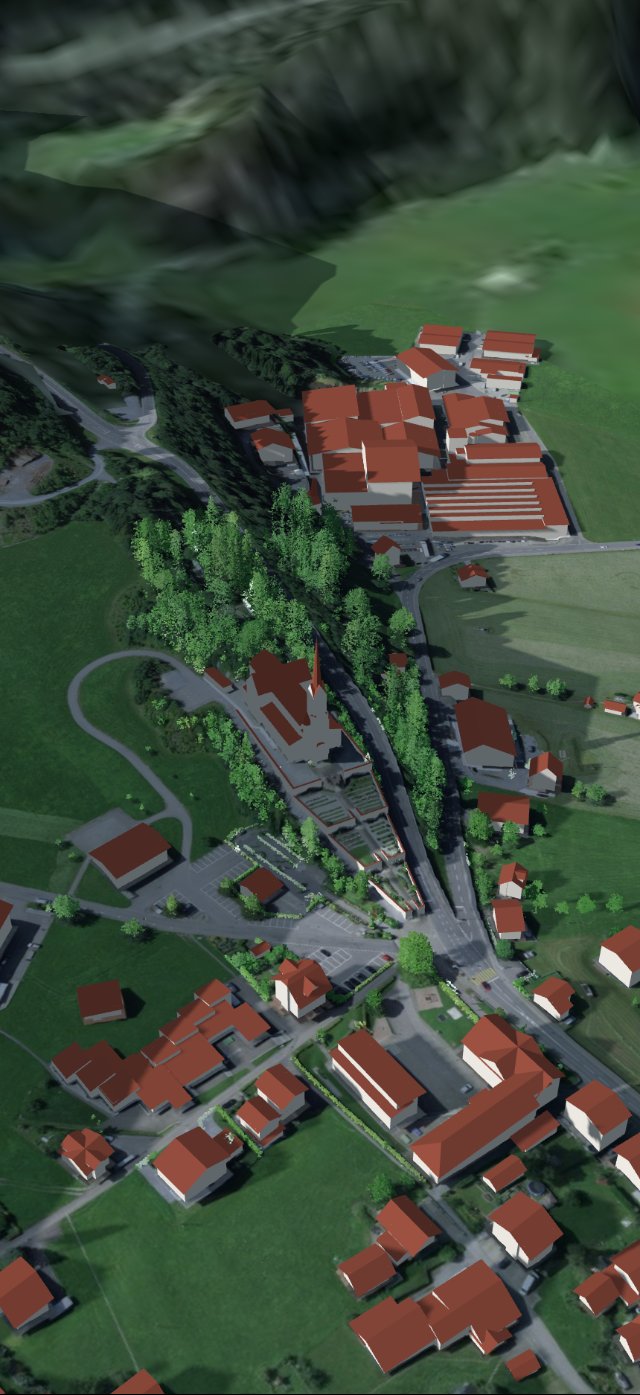 Kirche Lungern in 3D am Morgen, langer Turmschatten Richtung Westen