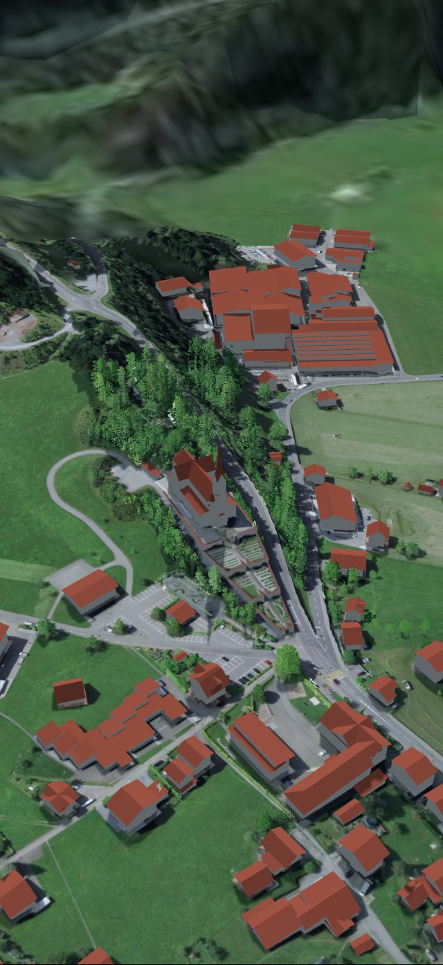 Kirche Lungern in 3D am Nachmittag, wandernde Schatten