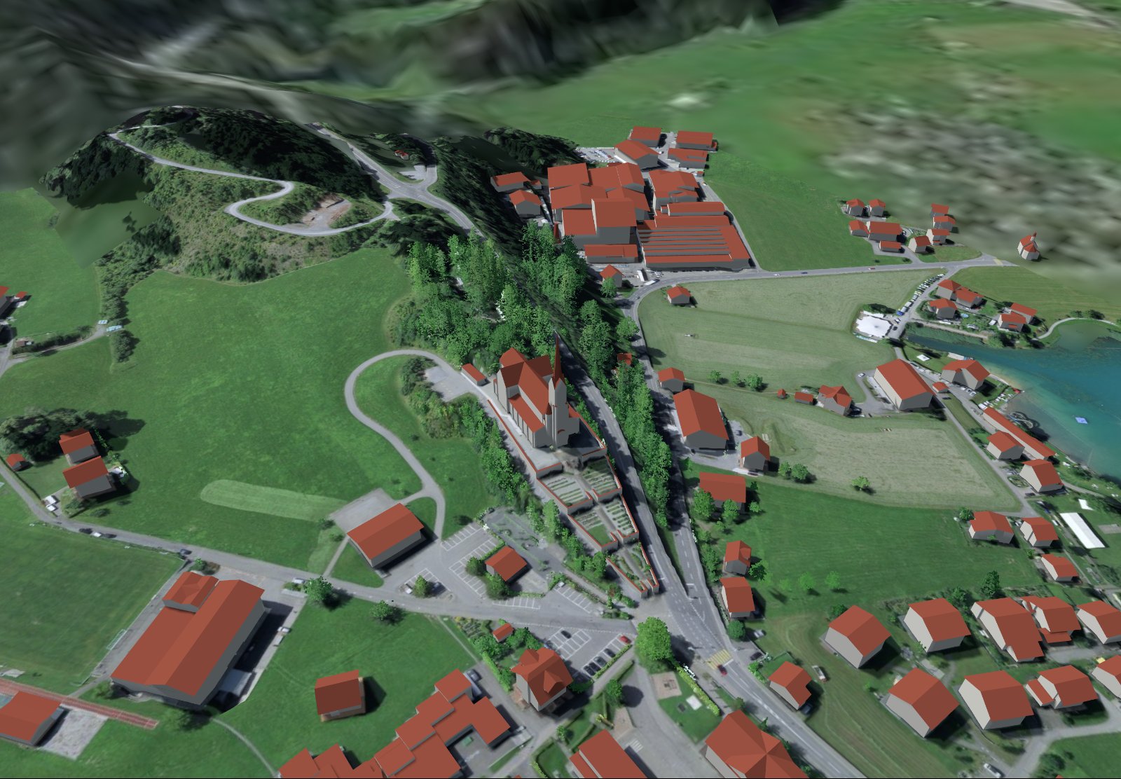 Kirche Lungern in 3D um 12:30 Uhr, Tablet-Ansicht
