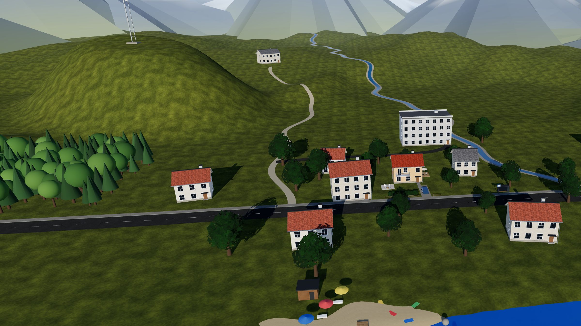 Startbild der 3D-Animation: Beispielhaus mit See und Bergen