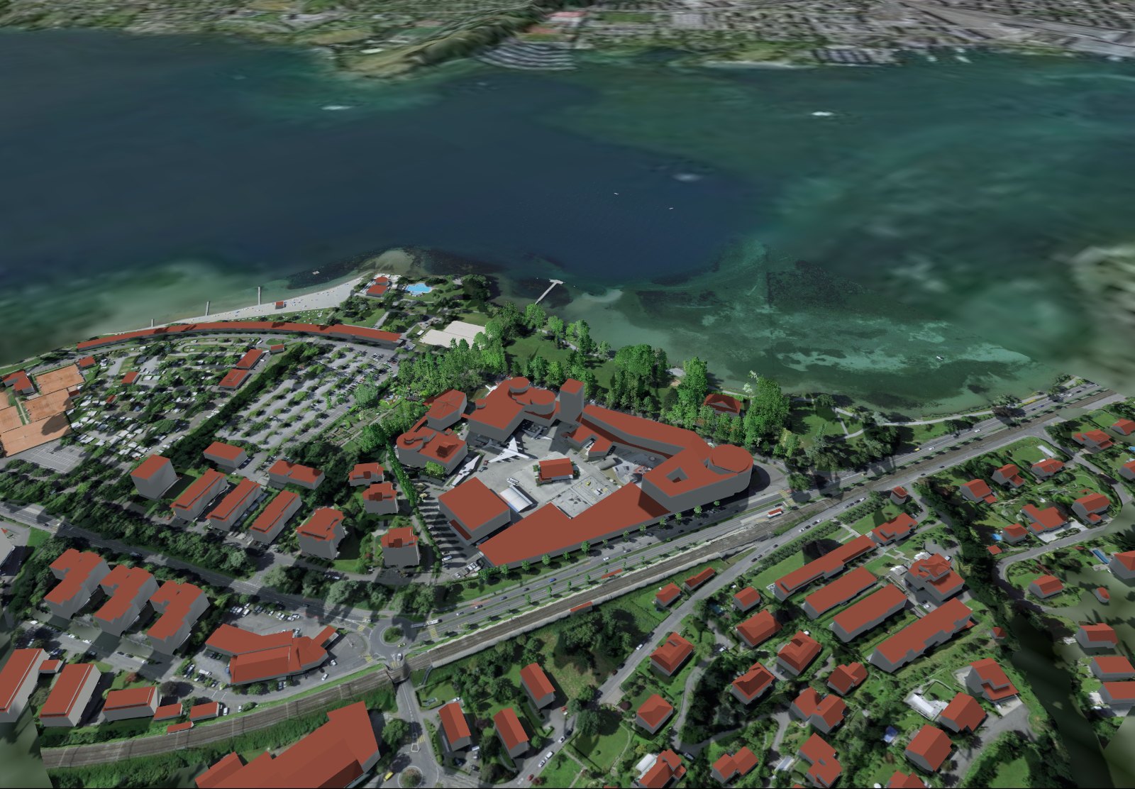 Verkehrshaus Luzern in 3D mit Schattenwurf am See