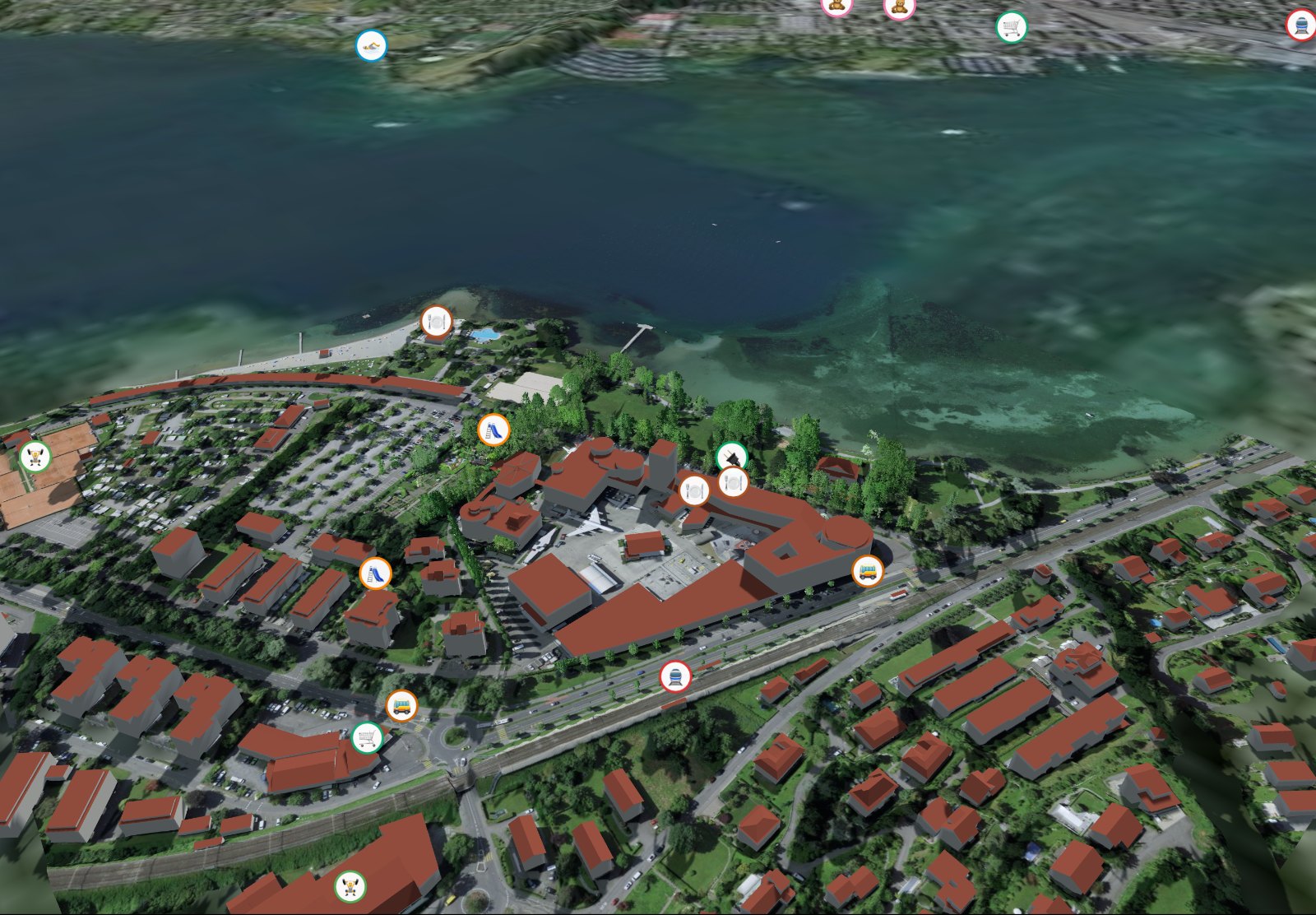 Verkehrshaus Luzern in 3D mit Umgebungspunkten: Bahnhof, Bus, Läden, Restaurants, Schulen