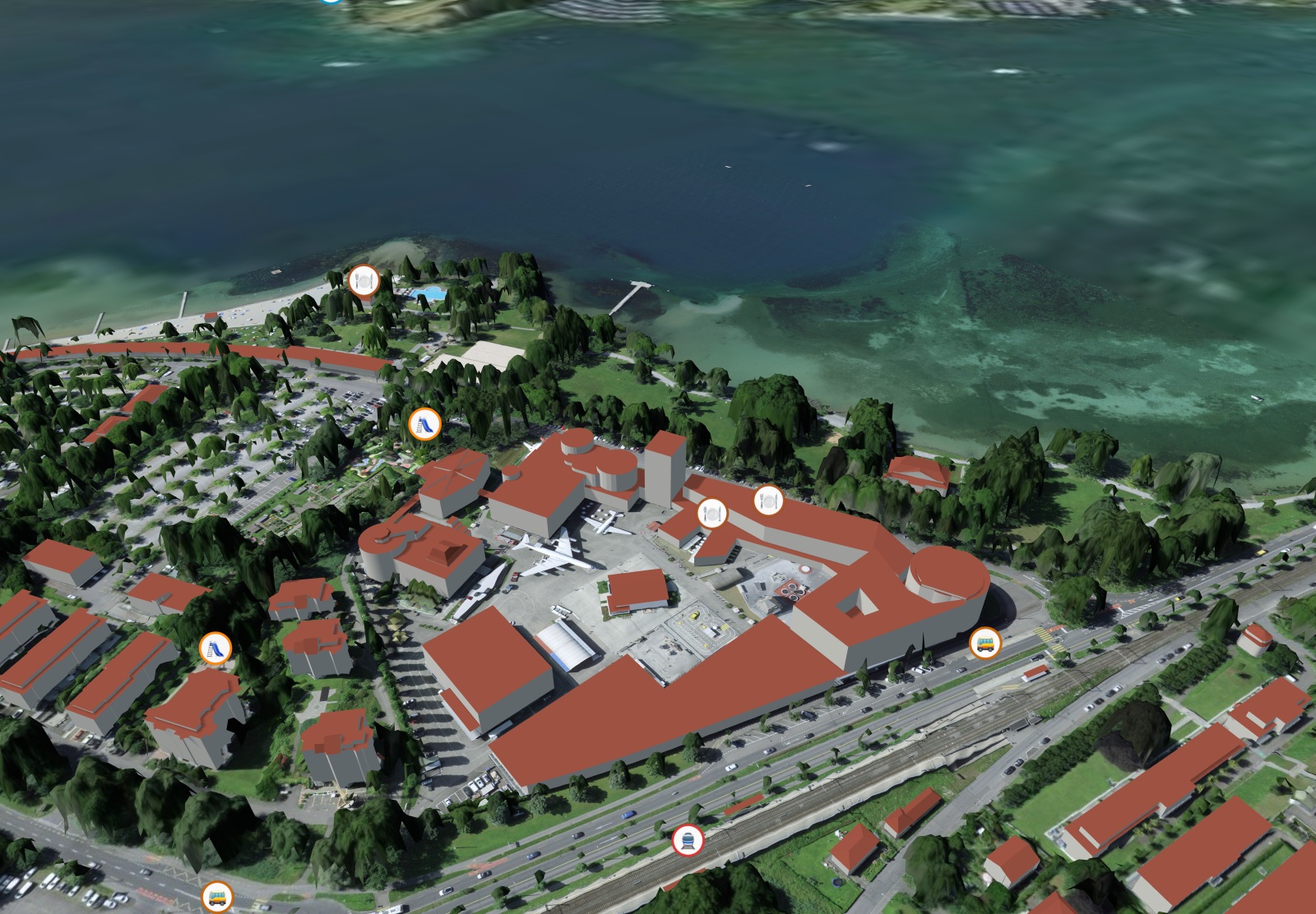 Verkehrshaus Luzern in 3D mit Umgebungspunkten: Bahnhof, Bus, Läden, Restaurants, Schulen