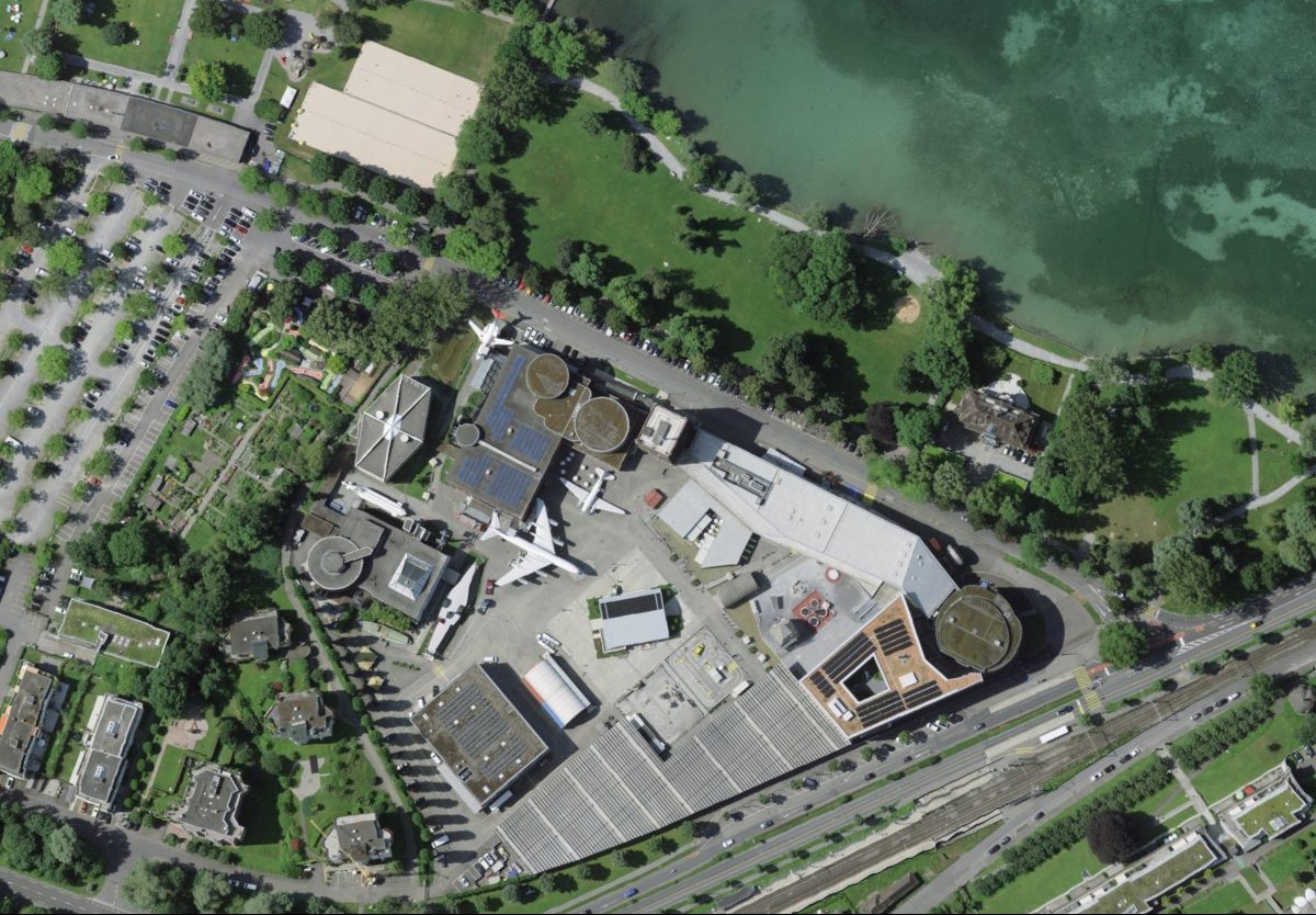 Luftbild des Verkehrshauses Luzern von oben, Jahrgang 2024